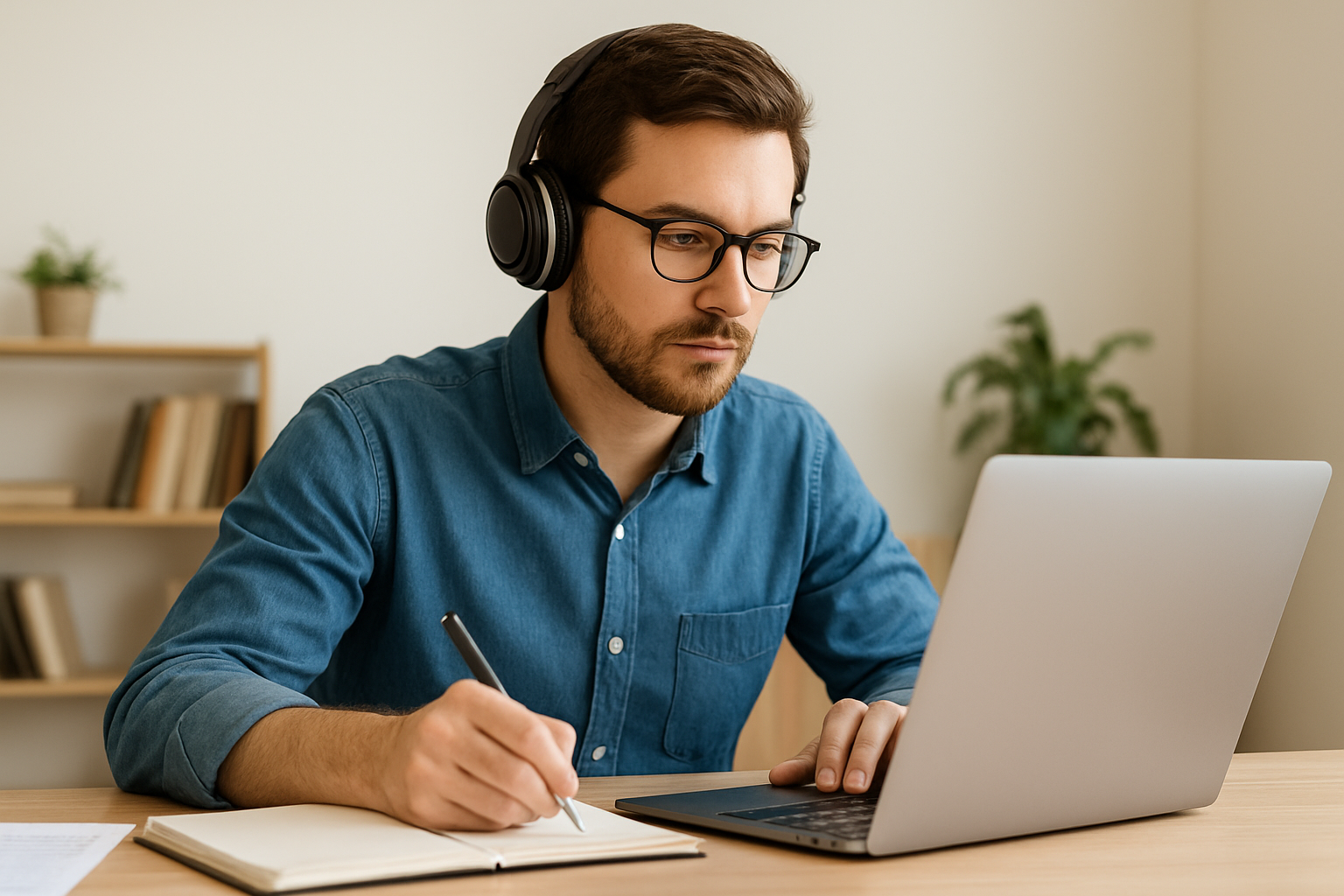 Young woman wearing blue headphones and yellow shirt, smiling while working on a laptop at a white desk with a plant and a cup of coffee in a bright room
